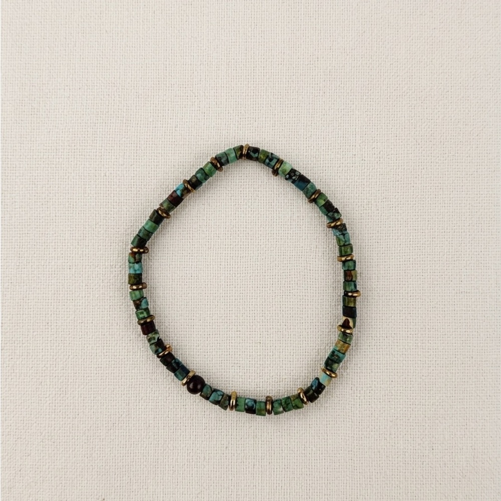Natural Turquoise Heishi Stretch Bracelet | Brass Rondelle Spacers | 2mm Beads